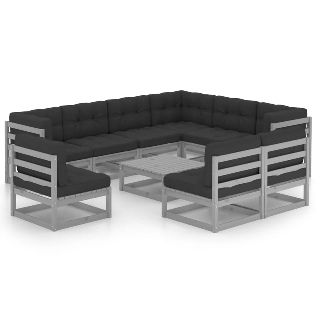 10-tlg. Garten-Lounge-Set mit Kissen Grau Kiefer Massivholz